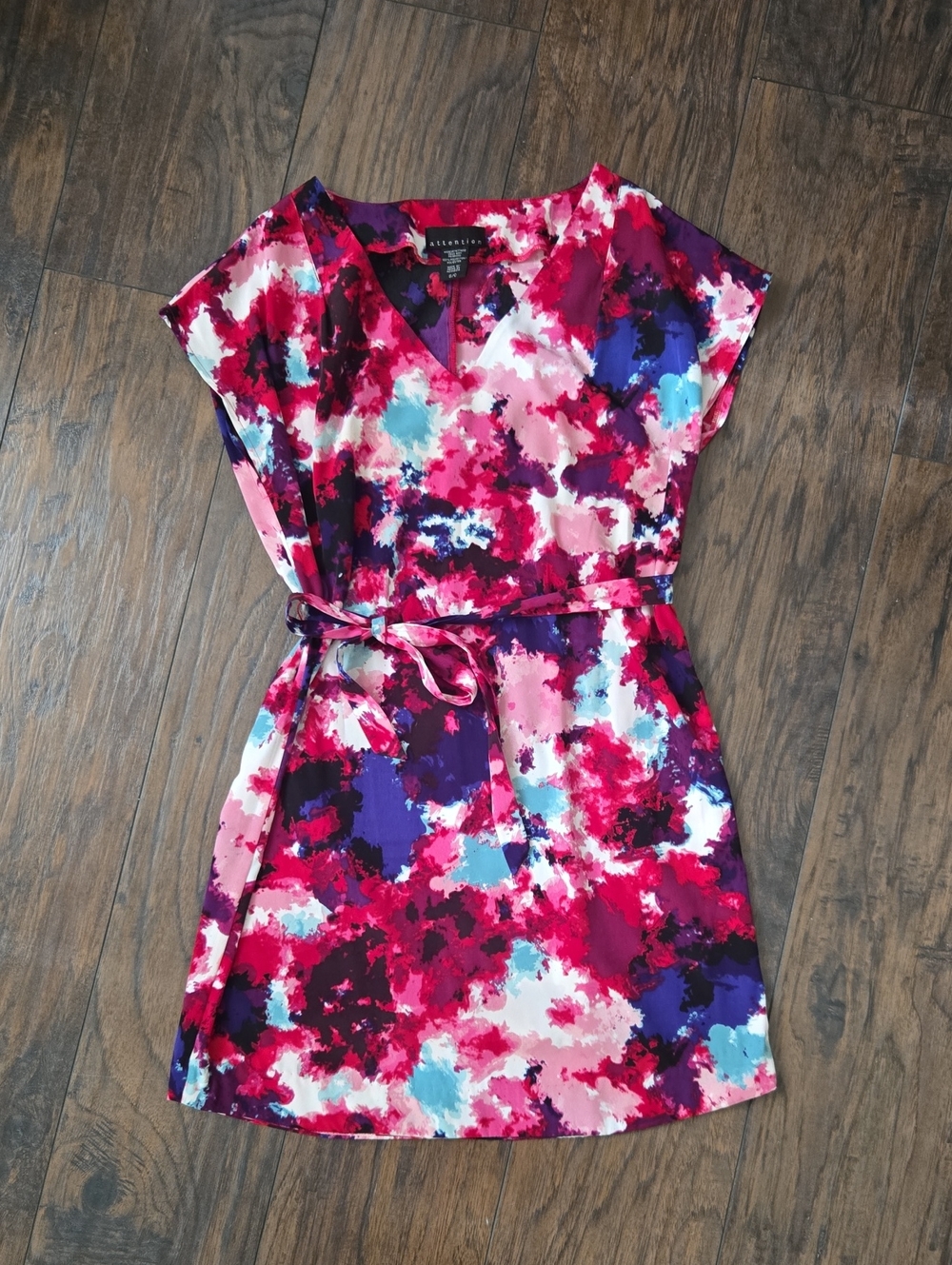 Attention Pink, Purple & Teal Abstract V-Neck Tie-Waist Mini Dress, Size Small